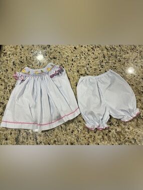 Baby Girls White Dot Smocked Dress with Pink Trim and Matching Diaper Cover